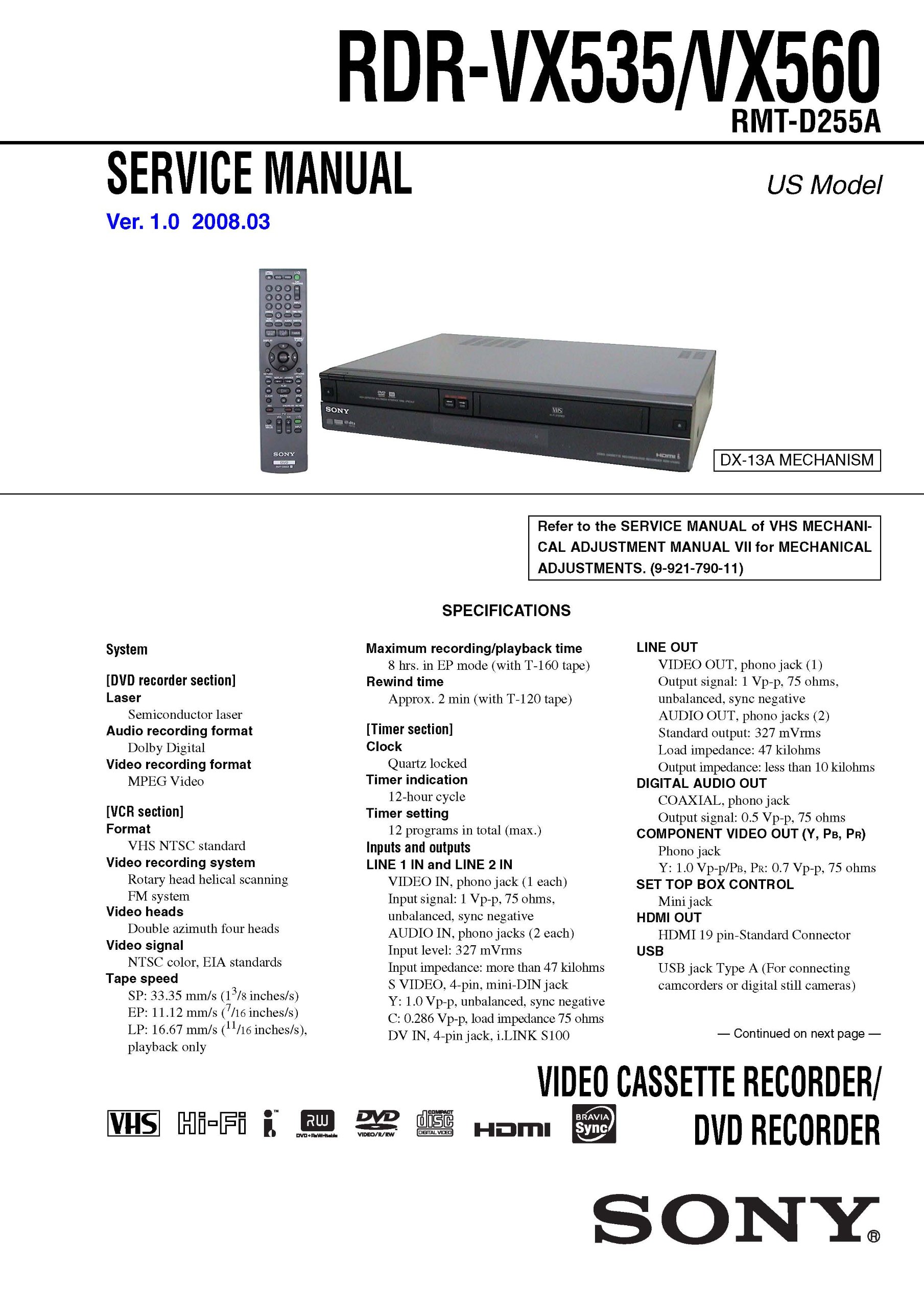 sony RDRVX535,RDRVX560 Service Manual Unknown Binding – 2001