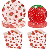 OuMuaMua Strawberry Birthday Decorations, 75 Pcs Disposable Fruit Paper Plates and Napkins Tableware Set for Summer Sweet One 1st Baby Shower Berry First Strawberry Themed Party Supplies, Serves 25