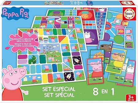 Educa - Set Especial 8 En 1 Peppa Pig: Juego de la oca, Parchís, Caracoles, Carrera de caballos, Tres en raya, Escaleras y toboganes, Dominó y Juego de personajes, a partir de