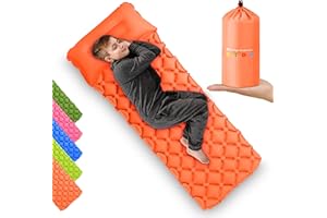 HIGH STREAM GEAR Kids Sleeping Pad for Camping and Sleepovers with Pillow, Inflatable Camping Mattress for Backpacking & Travel, Thick Toddler Cot Mat, Fast Inflating Camping Sleeping Pads for Kids