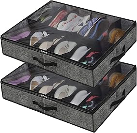 homyfort Juego de 2 Organizador de Zapatos Debajo de la Cama - Titular de la Zapata Bolsas organizadoras de Zapatos con Tapa Transparente 12 Pares x 2 Caja Plegable de Almacenaje, Negro Lino, XAUBSB2P 
