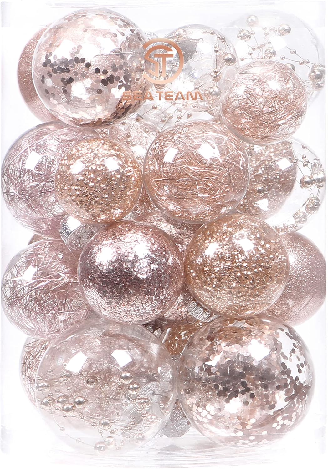 Ornaments - Sea Team Multi-Size Shatterproof Clear Plastic Christmas Ball Ornaments Decorative Xmas Balls Baubles Set with Stuffed Delicate Decorations (25 Counts, Rose Gold)