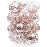 Sea Team Multi-Size Shatterproof Clear Plastic Christmas Tree Ball Ornaments Set, Decorative Hanging Transparent Xmas Baubles with Stuffed Delicate Decorations (25 Counts, Rose Gold)