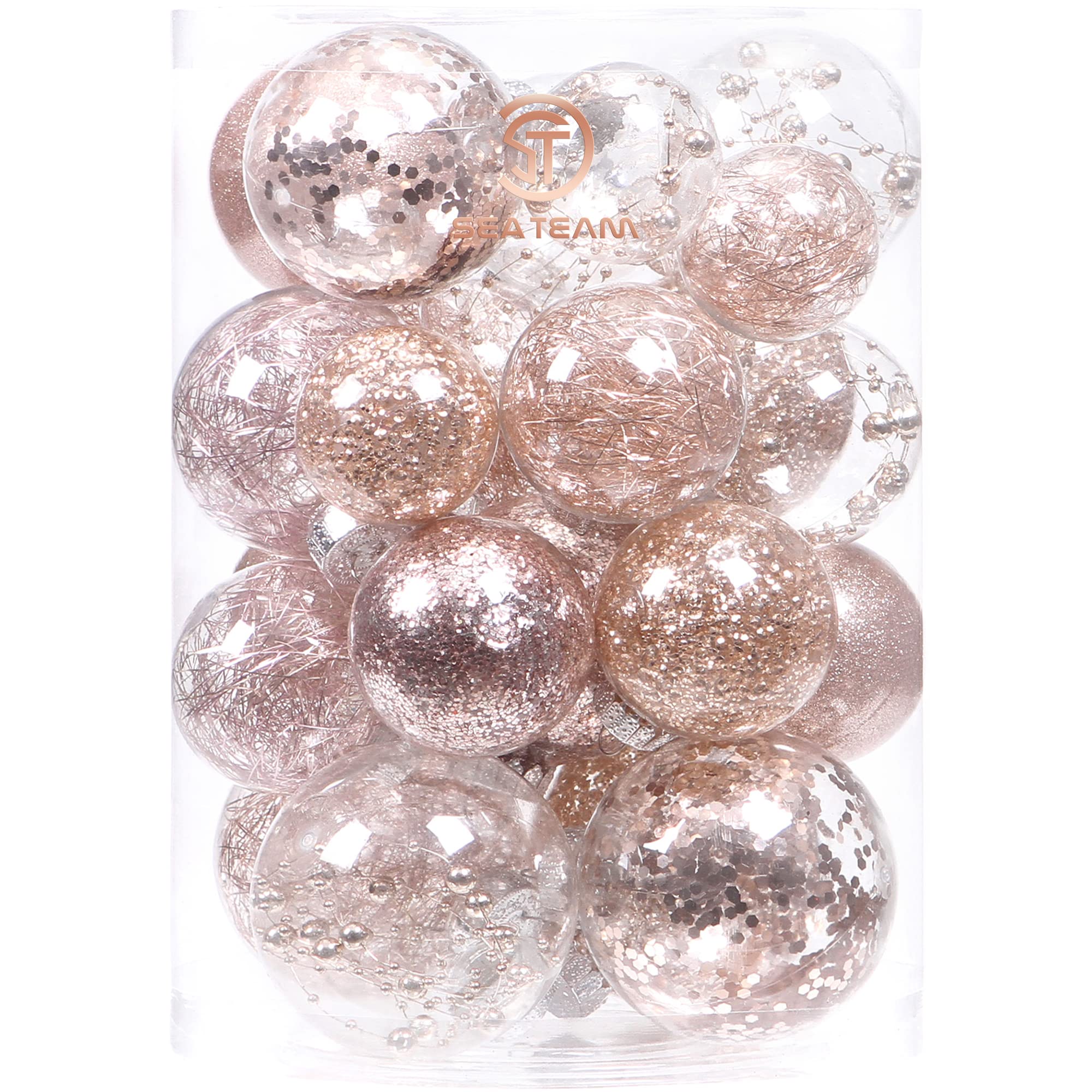 Sea Team Multi-Size Shatterproof Clear Plastic Christmas Ball Ornaments Decorative Xmas Balls Baubles Set with Stuffed Delicate Decorations (25 Counts, Rose Gold)