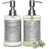 Autumn Alley Glass & Galvanized Farmhouse Soap Dispenser Set for Hand Wash, Sanitizer, Lotion, Dish Soap – Liquid Soap Container with Pump for Kitchen/Bathroom – Charming Farmhouse Label Design