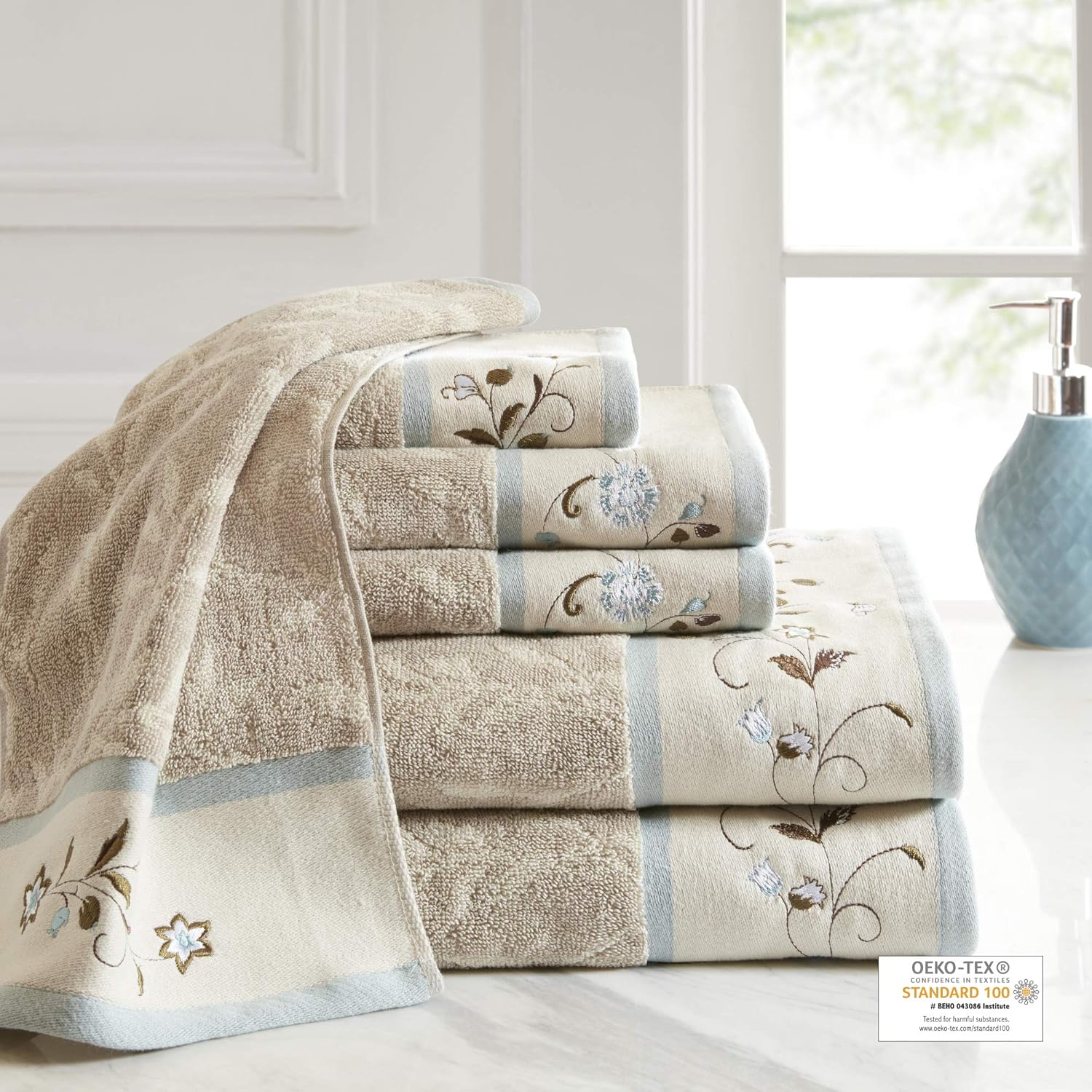 Madison Park Serene Floral Embroidered 100% Cotton Jacquard Ultra Soft Absorbent Bathroom Towel Set Shower Hand Face Washcloths, See Below, Blue: Home & Kitchen