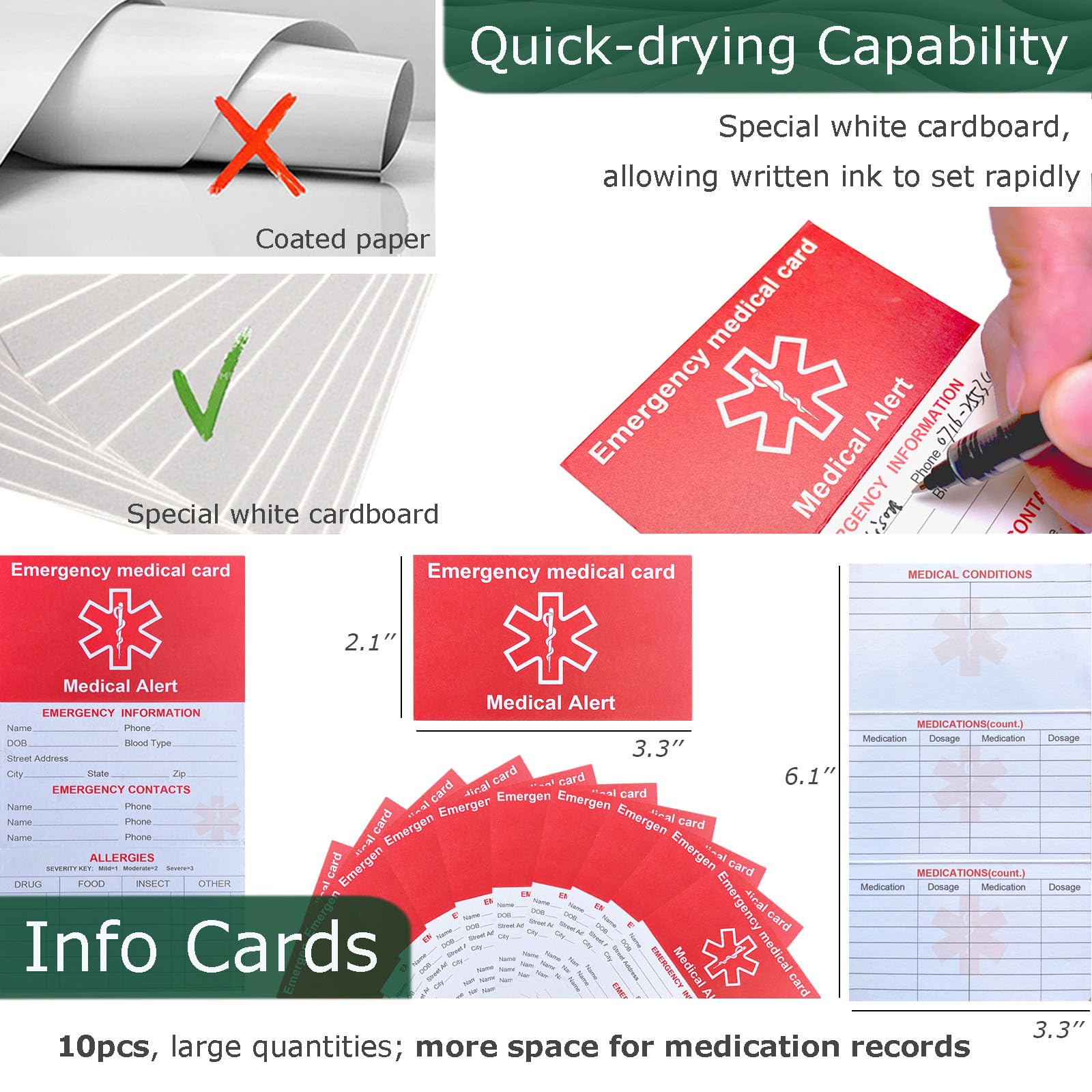 Emergency Contact Card for Wallet 10 Pack with 10 Sleeves, Red Thick Cardstock Medical Alert Allergy Cards for Wallet, Medication List Wallet Size Card for Phone, Handbags, Retirement Community
