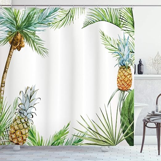 Amazon Com Ambesonne Pineapple Shower Curtain Watercolor Tropical Island Style Border Print Exotic Fruit Palm Trees And Leaves Cloth Fabric Bathroom Decor Set With Hooks 75 Long Fern Green Home Kitchen