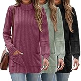 Velvelhall 3 Pack Women's Turtleneck Long Sleeve Sweaters, Puff Ribbed Knit Sweaters Pullover Casual Tunic Tops with Pockets