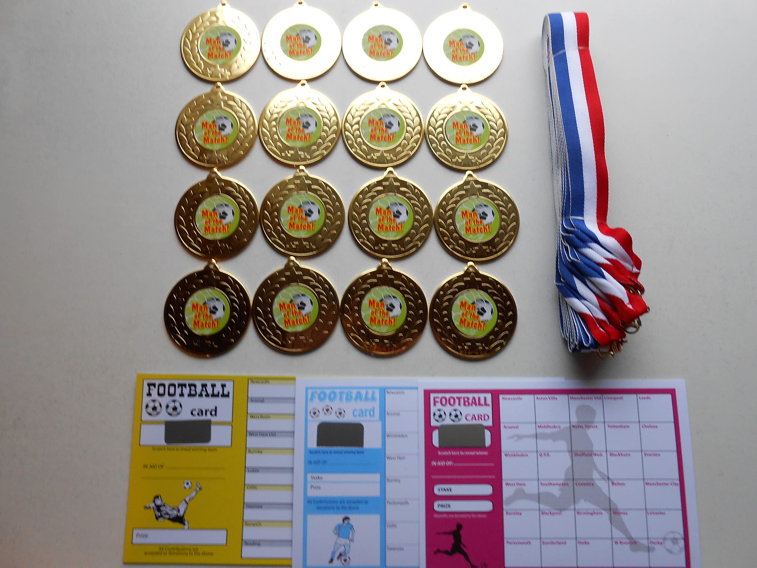 DWL FOOTBALL MAN OF THE MATCH GOLD MEDAL SET OF 16 WITH RIBBONS/CERTIFICATES/SCRATCH CARDS