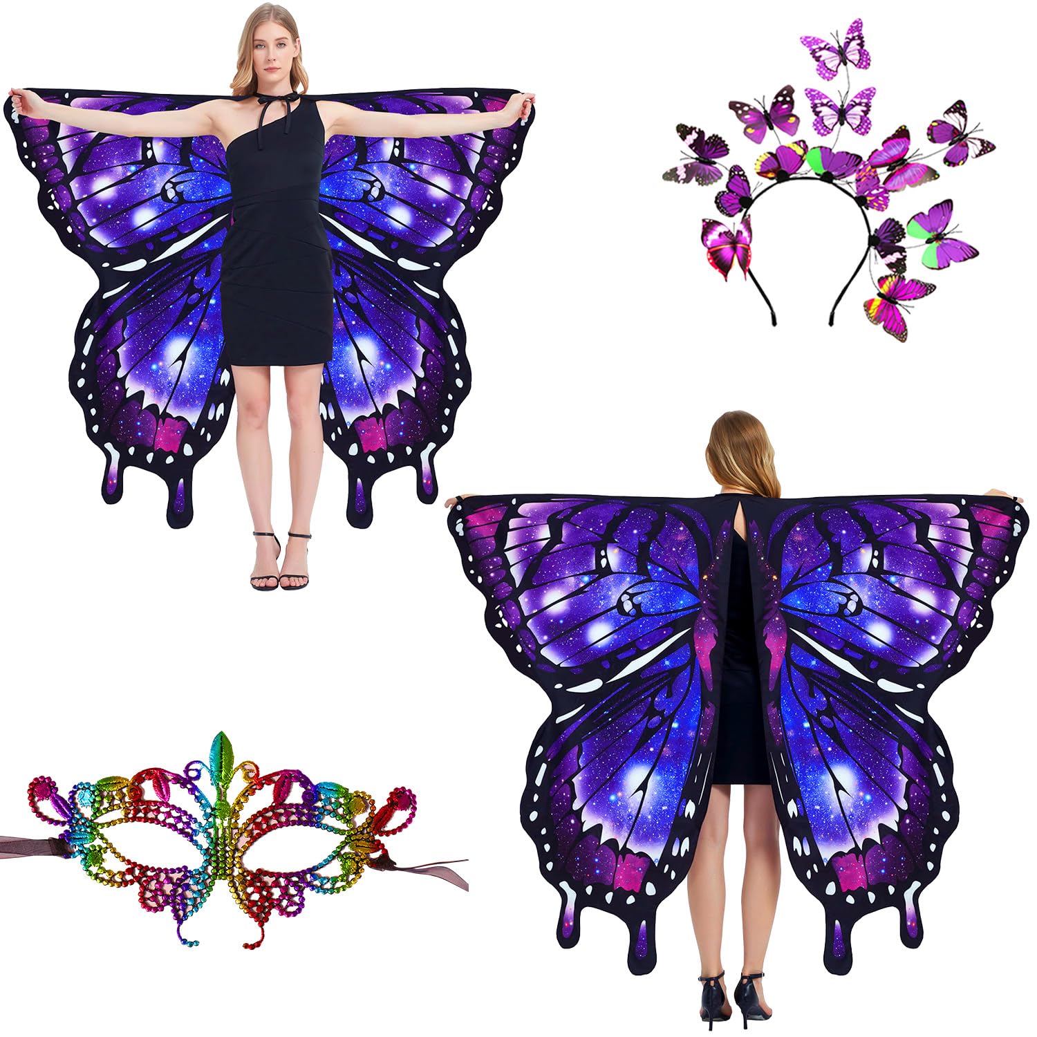 LYL. Ling Halloween Costumes Adult Women，Double-Sided Butterfly Wings Adults，Purple Butterfly Costume for Women，3PCS Fairy Wings Set.