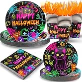 125PCS Halloween Plates and Napkins Set, 9 inches Neon Happy Halloween & 7 inches Black Cat Paper Plate Napkins Cups Forks for Birthday Party Decorations Dinnerware Supplies