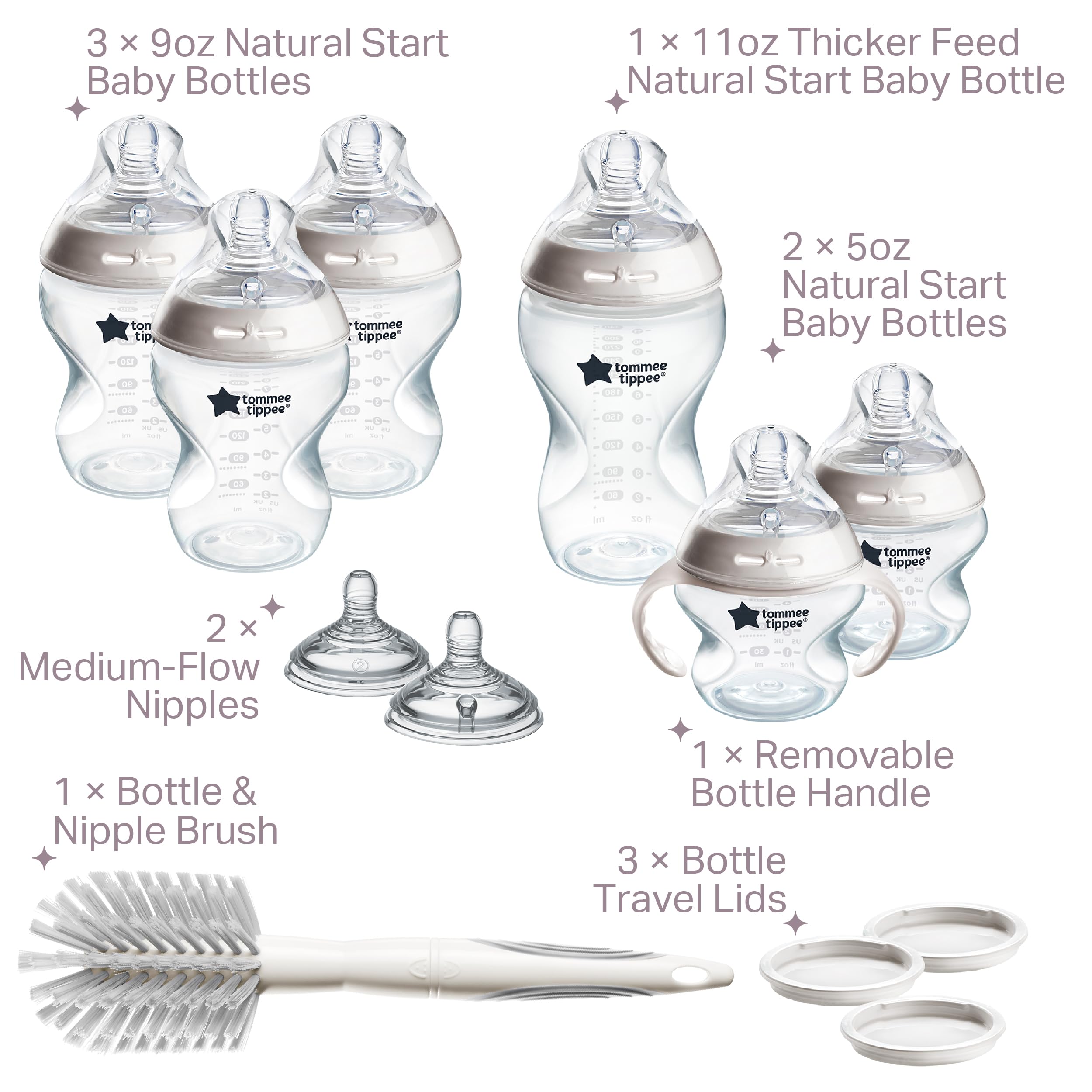 Tommee Tippee Natural Start 12 Piece BPA Free Bottle Set, Includes 2 x 5 oz, 3 x 9 oz, 1 x 11 oz Bottles, Newborn 0+ Months, Slow, Medium & Thicker Flow Breast-Like Nipples, Cleaning Brush, Clear