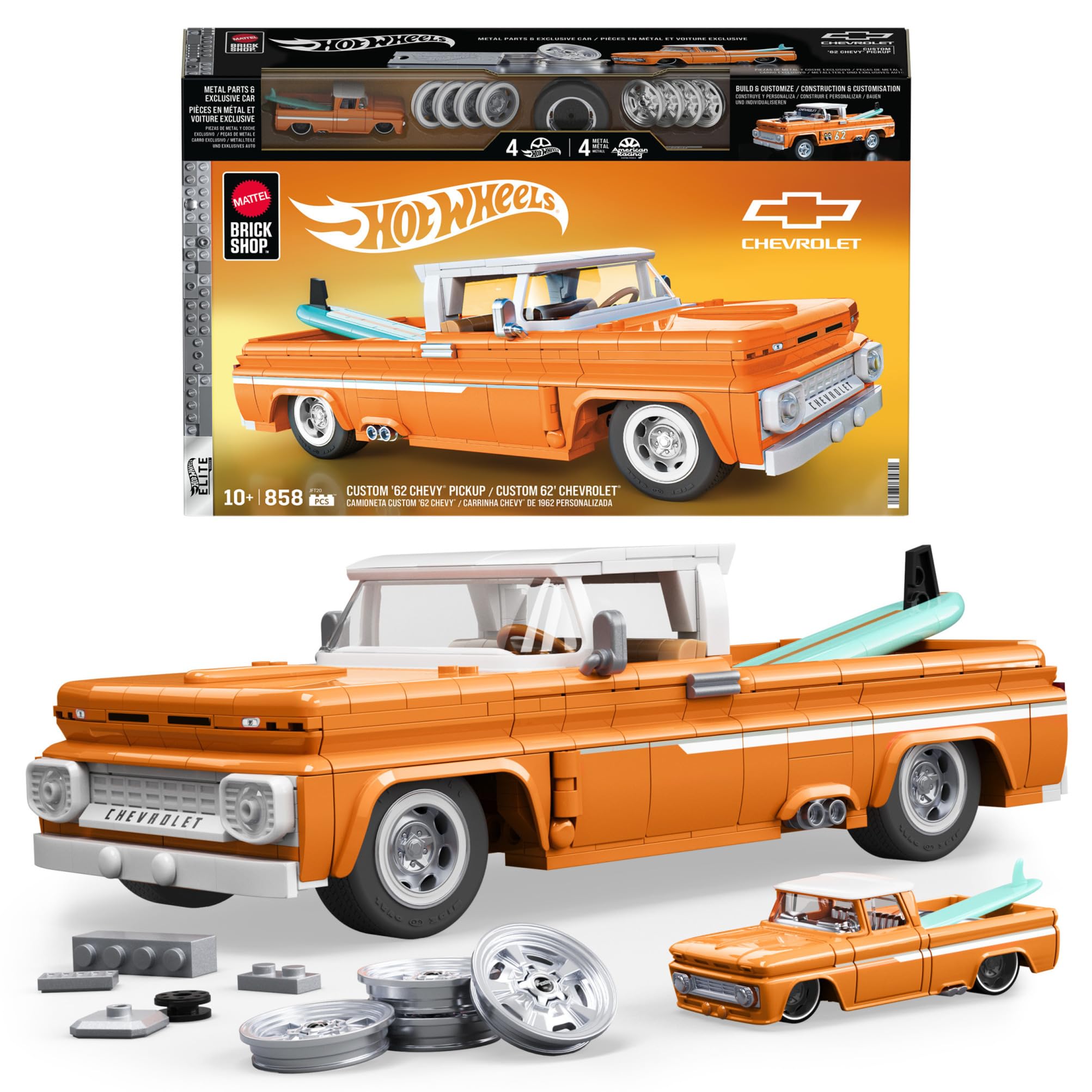 ​Mattel Brick Shop Hot Wheels Elite Series Building Set, Custom ’62 Chevy Pickup with 858 Pieces, Realistic Details and Custom Decals, Adult Collectors and Kids Ages 10+, JFT20