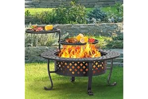 Panovue 42 Inch Fire Pit with 2 BBQ Grills, Wood Burning Fire Pits for Outside with Lid & Fire Poker, BBQ& Outdoor Firepit & Round Metal Table 3 in 1 for Patio, Picnic, Party