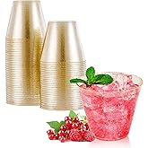 JOLLY CHEF 50 Pack 9 oz Glitter Plastic Cups, Disposable Gold Cups, Clear Plastic Tumblers for Weddings Thanksgiving, Christmas Parties
