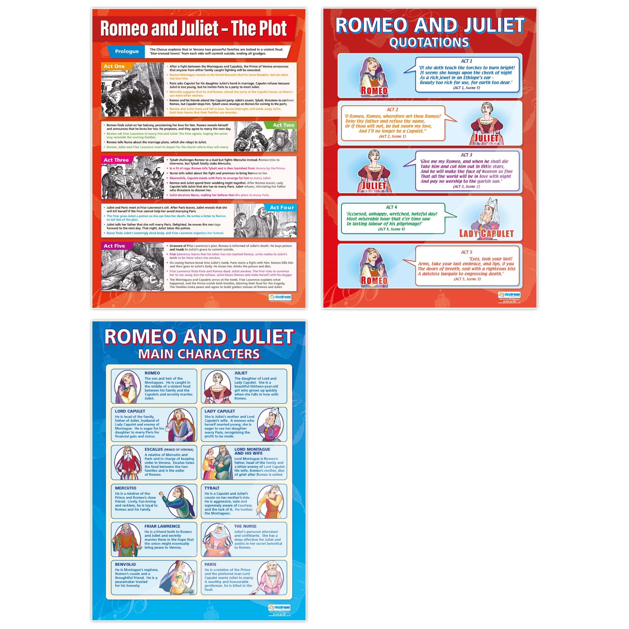 Daydream Education Romeo & Juliet Posters - Set of 3 | English Literature Posters | Gloss Paper measuring 850mm x 594mm (A1) | English Lit Classroom Posters | Education Charts