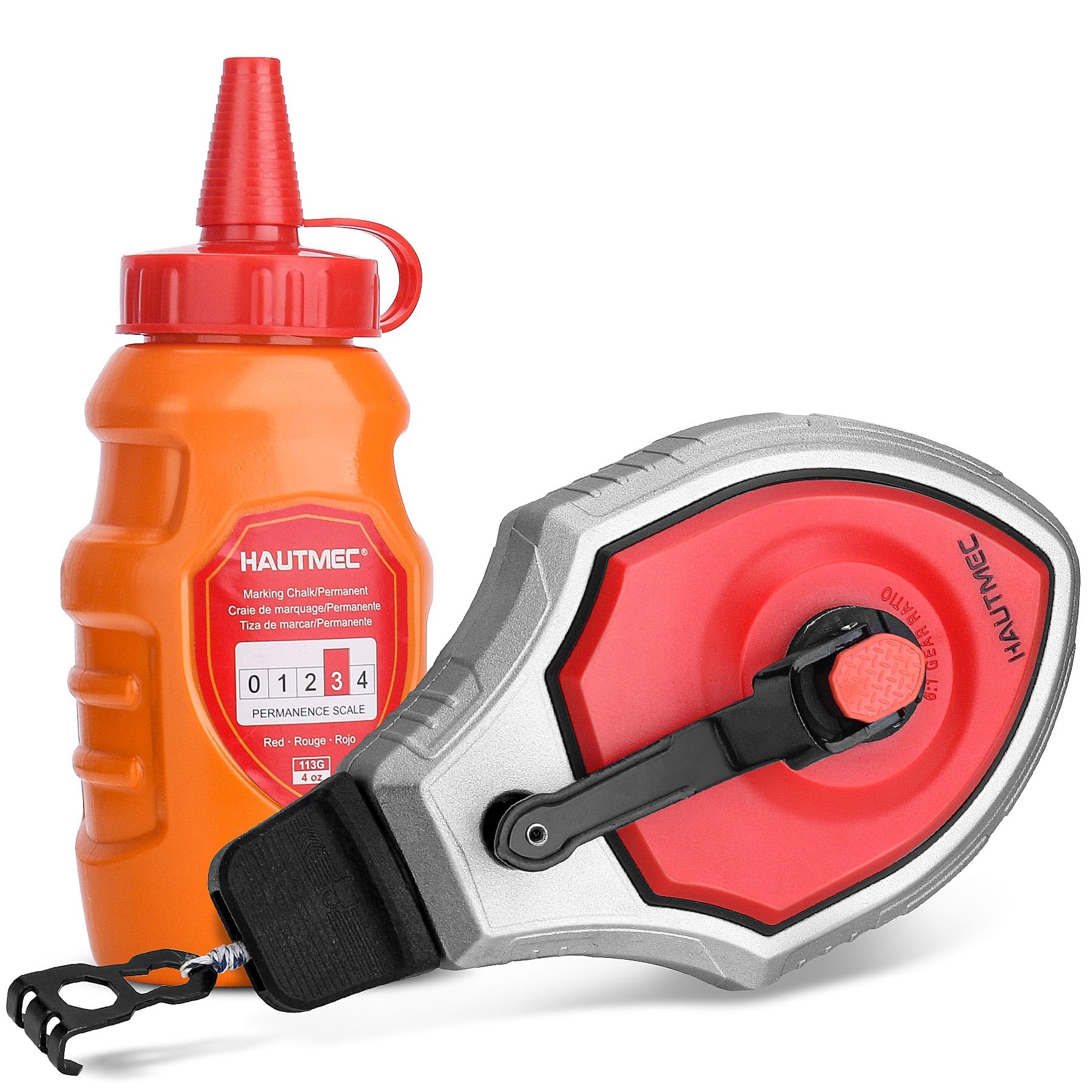 HAUTMEC Chalk Line, 30m/100ft Chalk Line Tool with Chlak Powder, 6:1 Gear Ratio Reel, Chalk Box for Carpenters and Builders, HT0358