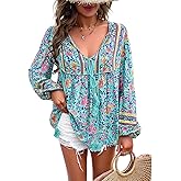 YUZIBAO Blouses for Women V Neck Long Sleeve Boho Tops Babydoll Shirts Floral Print Blouse