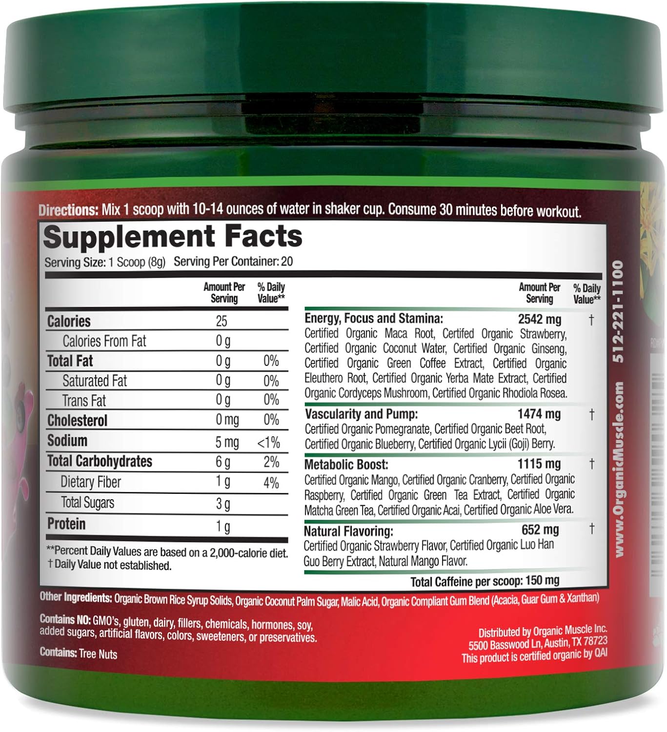 ORGANIC MUSCLE #1 Rated Organic Pre Workout Powder– Natural Vegan Keto Pre-Workout & Organic Energy Supplement for Men & Women- Non-GMO, Paleo, Plant Based – Strawberry Mango- 160g: Health & Personal Care