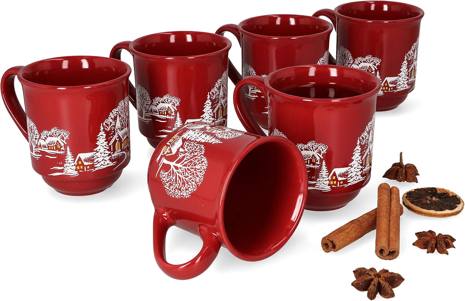 MamboCat 6er Set Glühweinbecher 0,2L rot Weihnachtslandschaft | Klassische Porzellan Glühweintassen | geeicht | ideal für den Weihnachtsmarkt - den Profi & Gastronomiebedarf