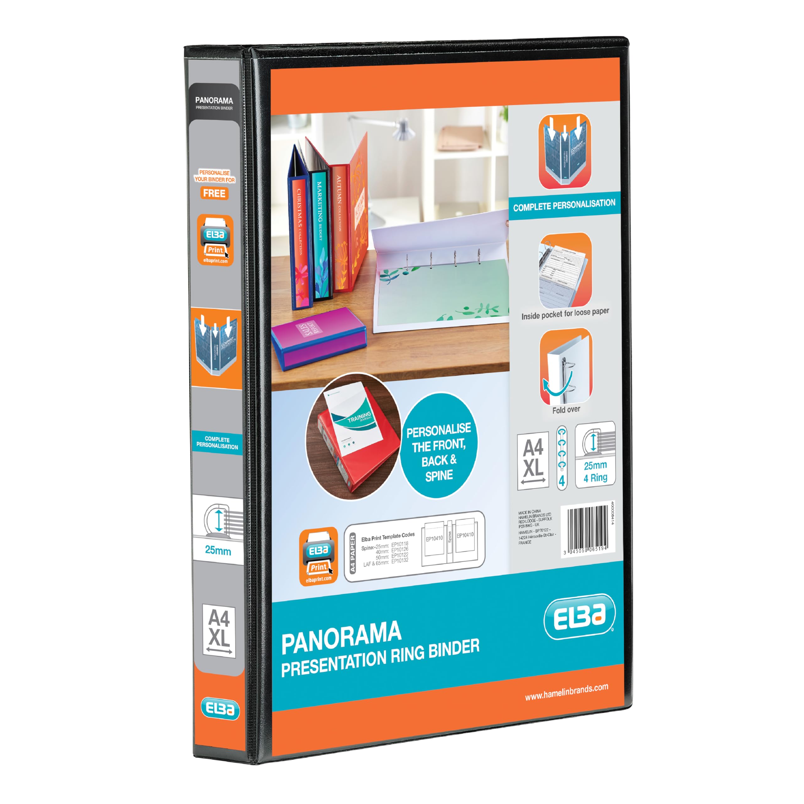 Elba A4 4 D-Ring Binder, 25mm capacity, 40mm spine, Presentation Folder with Customisable Cover, Portrait, Black (Single)