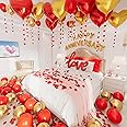 Anniversary Decorations, Happy Anniversary Banner, Hanging String Hearts, Red and Gold Balloons, Love Balloon, Red Silk Rose Petals for Wedding Bridal Shower Bachelorette Party Decorations