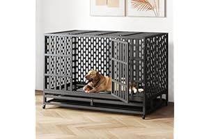 HIWOKK 48 Inch Heavy Duty Indestructible Dog Crate, Dog Kennel Indoor Double Door High Anxiety with Wheels, Steel Escape Proof Large Dog Cage, Removable Tray, Extra Large XL XXL