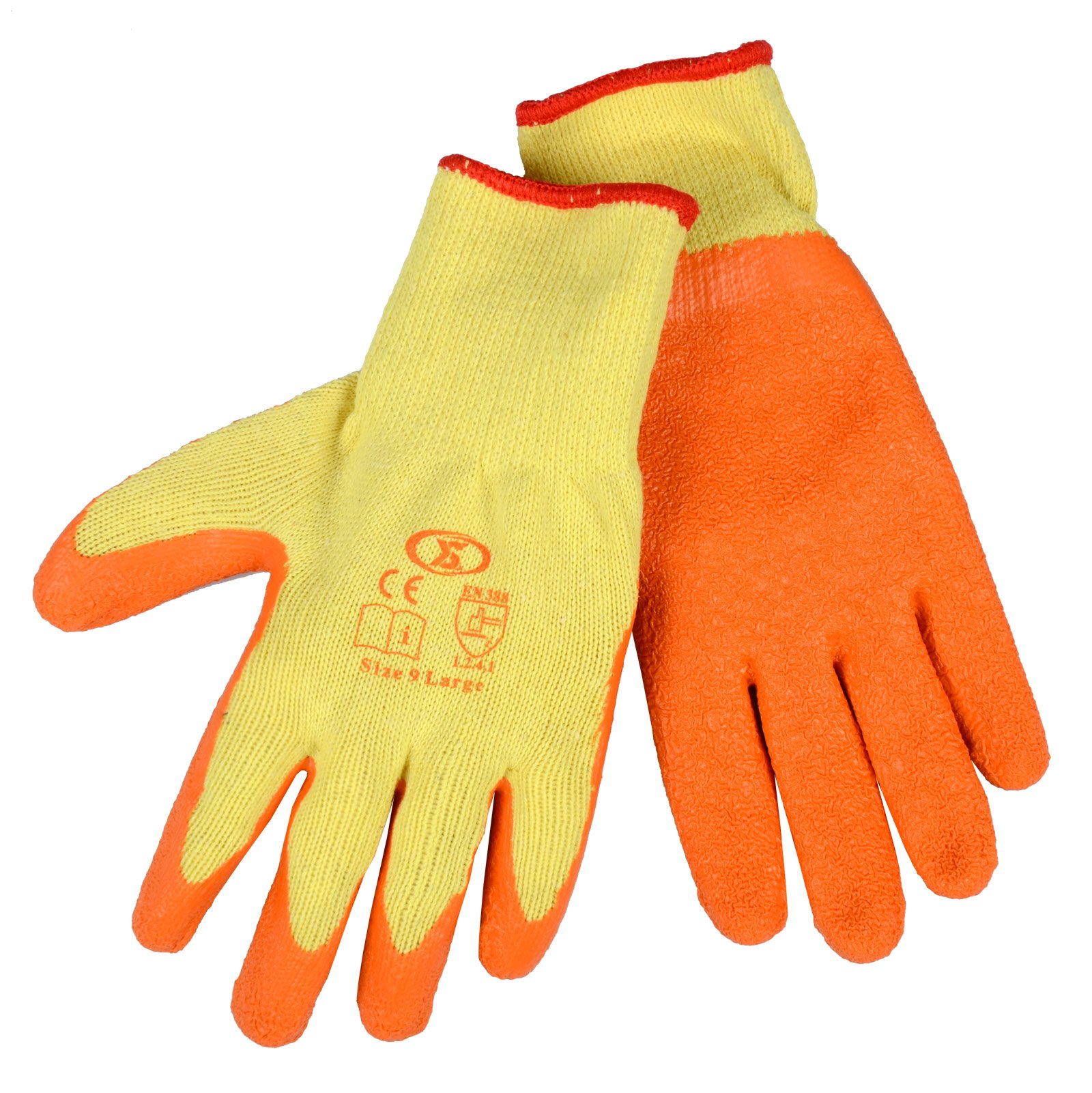 XS-Stock XS1910 12 Pairs of Builders Gardening DIY Latex Coated Work Gloves - Orange (Size 9), Large