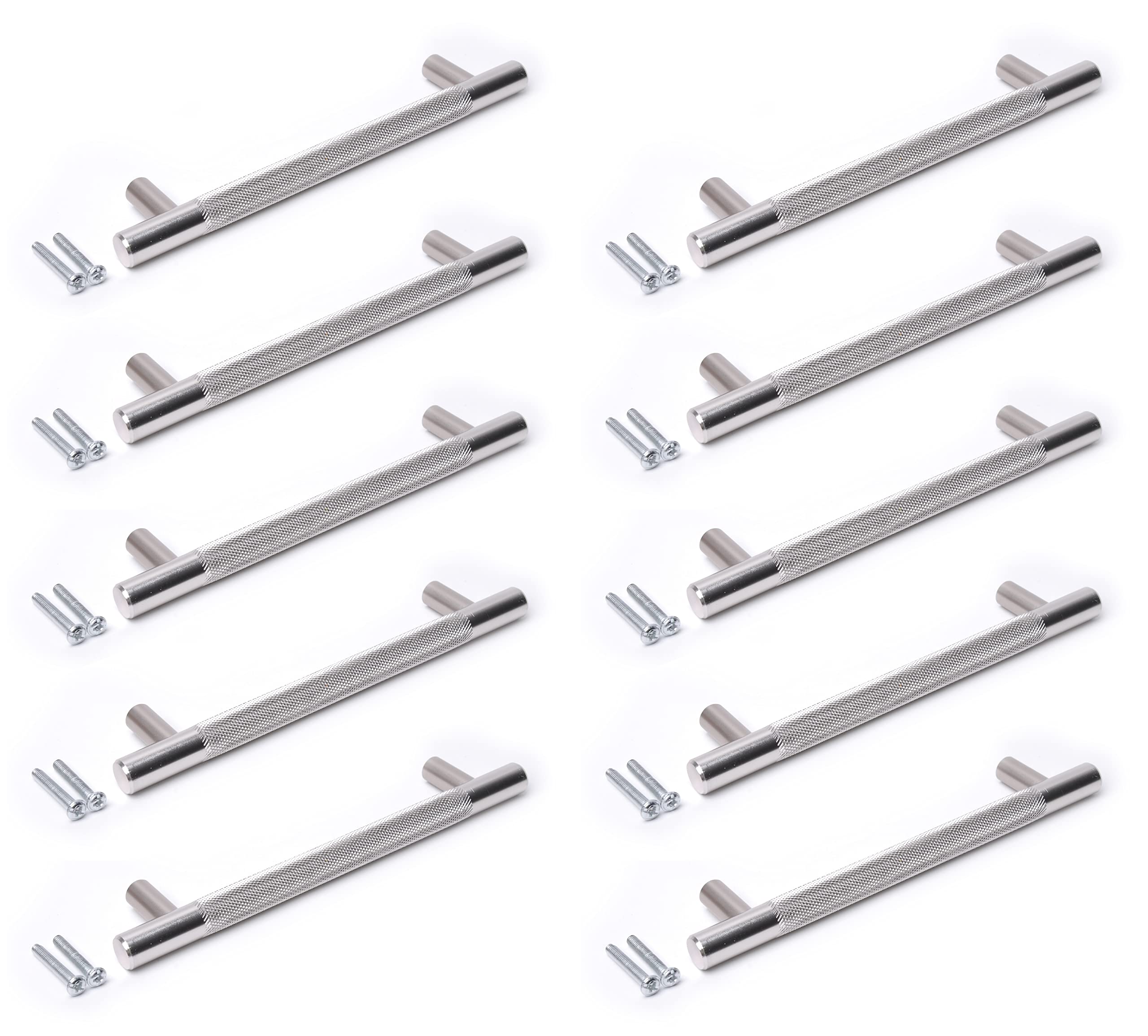 BSM Marketing Chrome Silver Finish Knurled T Bar Modern Kitchen Cupboard Cabinet Drawer Bar Door Handle Knob (10, 64mm)