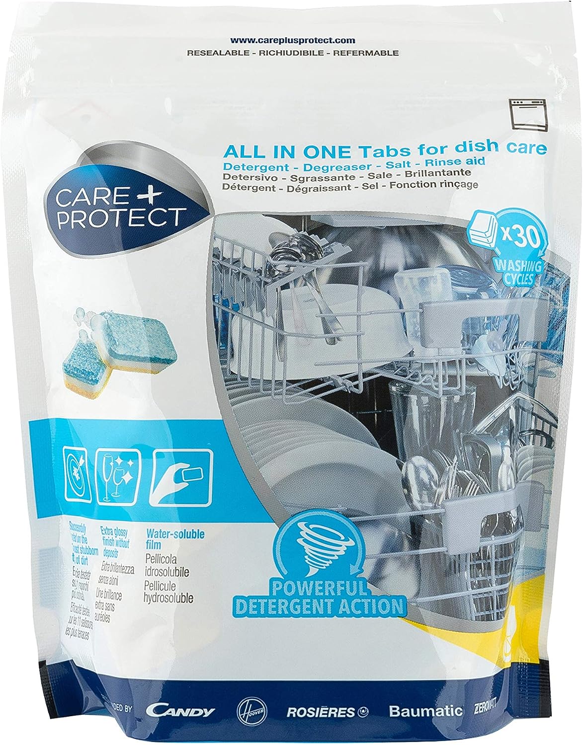 CARE+PROTECT Tabs Dishwasher All in One, Detergent, Degreaser, Rinse, 30 Tablets, Complete Protection, Multicolor, All in One Tablets - Image 3