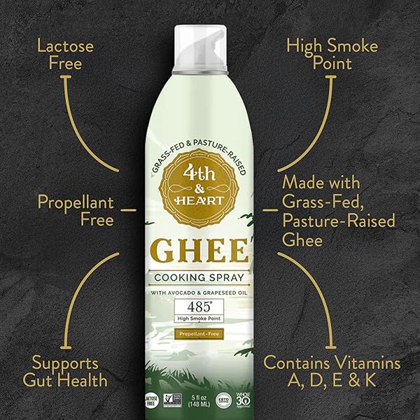 4TH & HEART ORIGINAL GHEE OIL NON-STICK COOKING SPRAY, MADE WITH GRASS-FED, PASTURE-RAISED GHEE, KETO, LACTOSE-FREE, CERTIFIED PALEO BAKING SPRAY (5OZ)