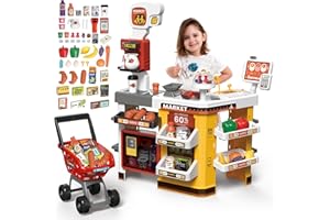 deAO Grocery Store Playset with Kids Shopping Cart,66 PCS Supermarket Playset,Pretend Play Cash Register,Play Food, for 3 4 5 Kids (Red)