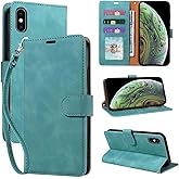 JHWVVTF for iPhone X Case Wallet, for iPhone Xs Case, [RFID Blocking 3 Card Slots] Soft PU Leather Phone Cover, Wrist Strap, Shockproof Protective, Stand Flip Cover (Green)