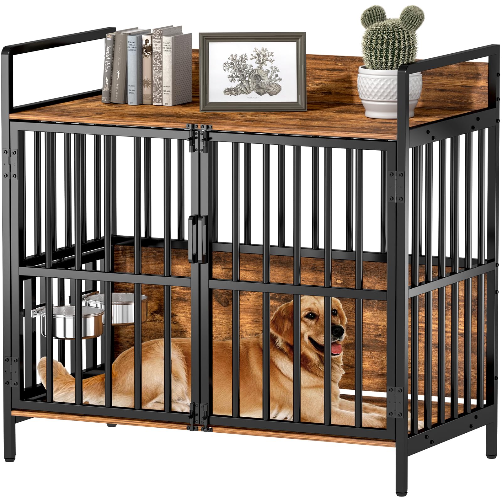 Photo 1 of ****MISSING ASSEMBLY HARDWARE******* Large Dog Crate Furniture, with 360° Adjustable Elevated Feeder, Heavy Dog Furniture, Indoor Decorative Dog Kennel, Sturdy Metal Construction, 38" W×21" D×36" H, Rustic Brown Finish