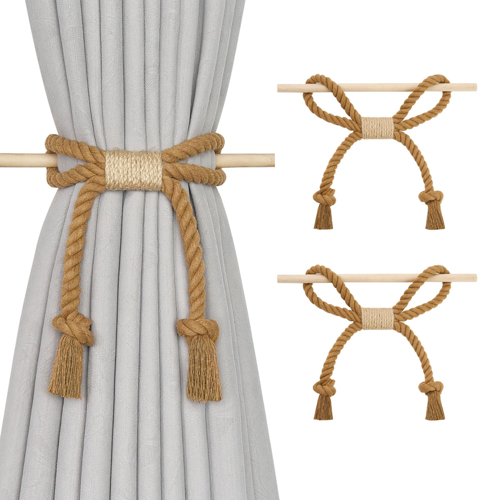 Pretty Jolly 2 Pack Natural Cotton Rope Curtain Tiebacks Boho Rustic Style Decorative Drape Tie Backs Farmhouse Hand-Woven Curtain Holdbacks with Wood Club for Home Office Drapery (Cotton knot-Khaki)