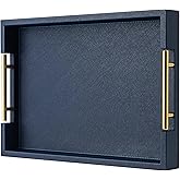 Navy Blue Faux Leather Serving Coffee Tray with Gold Handles,Rectangle Decorative Trays for Home Decor Large Ottoman Tray for Living Room