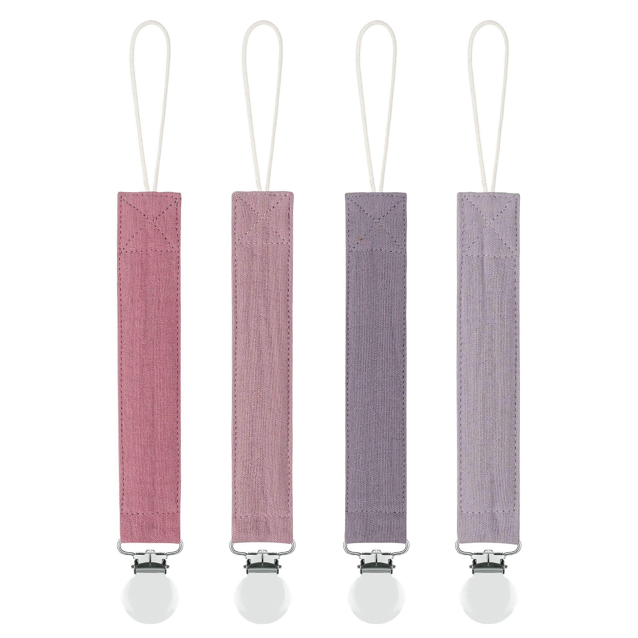 MoodyBaby® Soft Organic Muslin Cotton Frabric Dummy Clips - Handmade Cotton Pacifier Clip Chain for Babies Newborns Girls Boys - Strong Mam Soother Neutral Unisex Shower Gift - 4 Pack (Pink Purple)