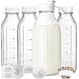 Liter Milk Container for Fridge w Scale and 2 Pour Spouts, 100% Airtight Lid - 4 Pack 32 Oz Glass Bottles w Lids - Juice Jugs