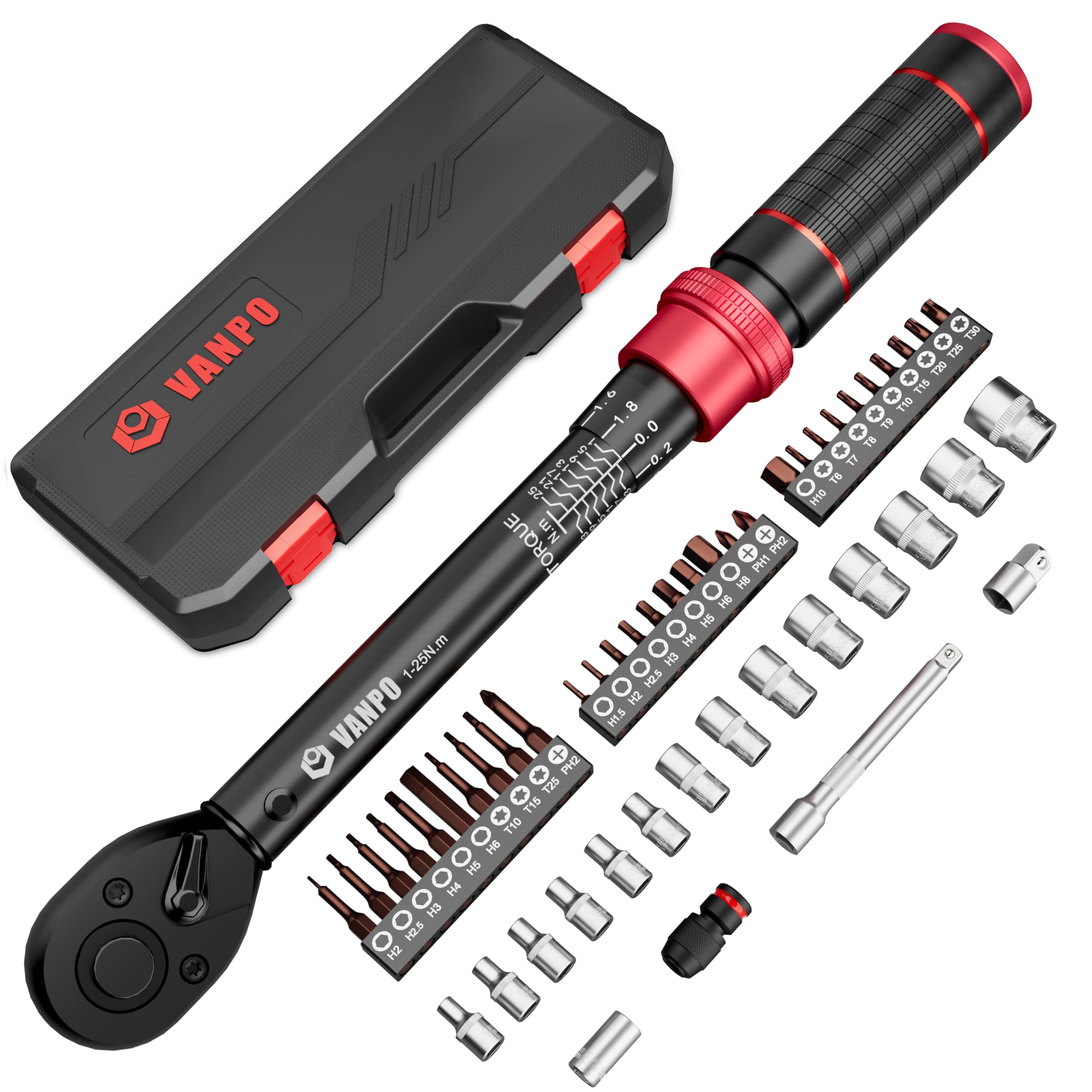 VANPO Torque Wrench 1/4 inch, 3-25 Nm, 49-Piece Set with Sockets, Extension Rod, Adapters