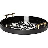 Kate and Laurel Caspen Round Cut Out Pattern Decorative Tray with Gold Metal Handles, Black