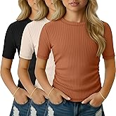 LessonZoo 3 Pack Girls Short Sleeve Shirts Cotton Ribbed Knit Slim Fit Tops Crew Neck Basic Side Ruched Clothes for Teen Girl