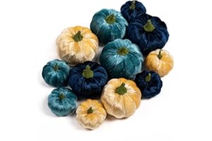 Ywlake 12 Pcs Pumpkin Fall Decorations, Decorative Velvet Mini Small Outdoor Foam Plastic Fake Faux Artificial Pumpkins for Autumn Harvest Festival Halloween Thanksgiving Home Table Decor (Blue)