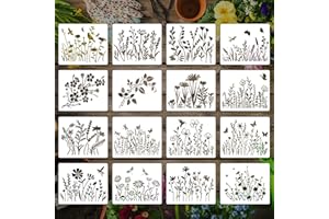 EAGEUS 16 Pieces Wildflower Stencils for Painting, Reusable Small Spring Wild Flower Stencils Wall Stencils, DIY Small Drawing Template Stencil for Painting on Wood Wall Canvas Home Decor(5x6Inch)