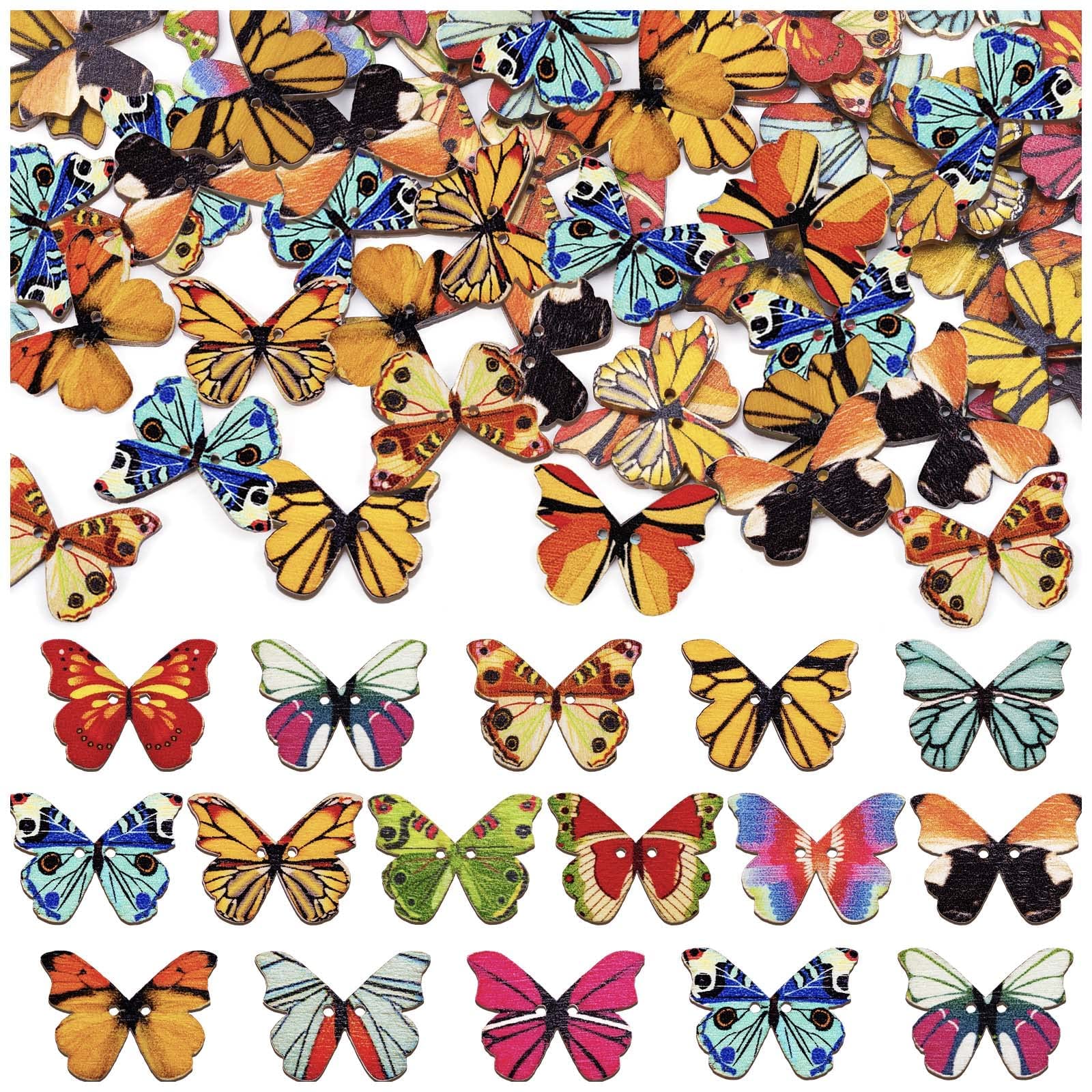 200Pcs Wooden Butterfly Buttons Bulk - 1 Inch Decorative Butterfly Buttons with 2 Holes for Craft DIY Sewing