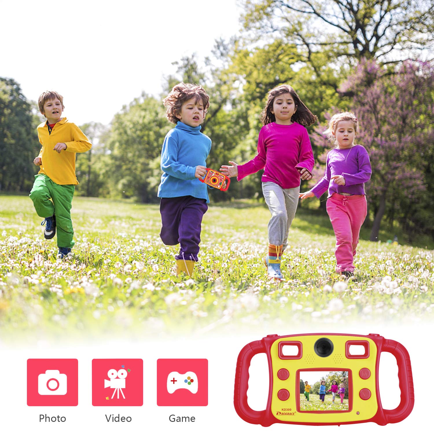 Prograce Kids Camera Dual Camera Selfie Digital Video Camera Camcorder for Boys Girls with 4X Digital Zoom, Flash Light and Funny Game（Red）