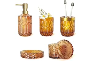 LaMarriti Amber Bathroom Accessories Set, 5Pcs Clear Glass Bathroom Sets, Hand Soap Dispenser, Soap Dish, Toothbrush Holder S