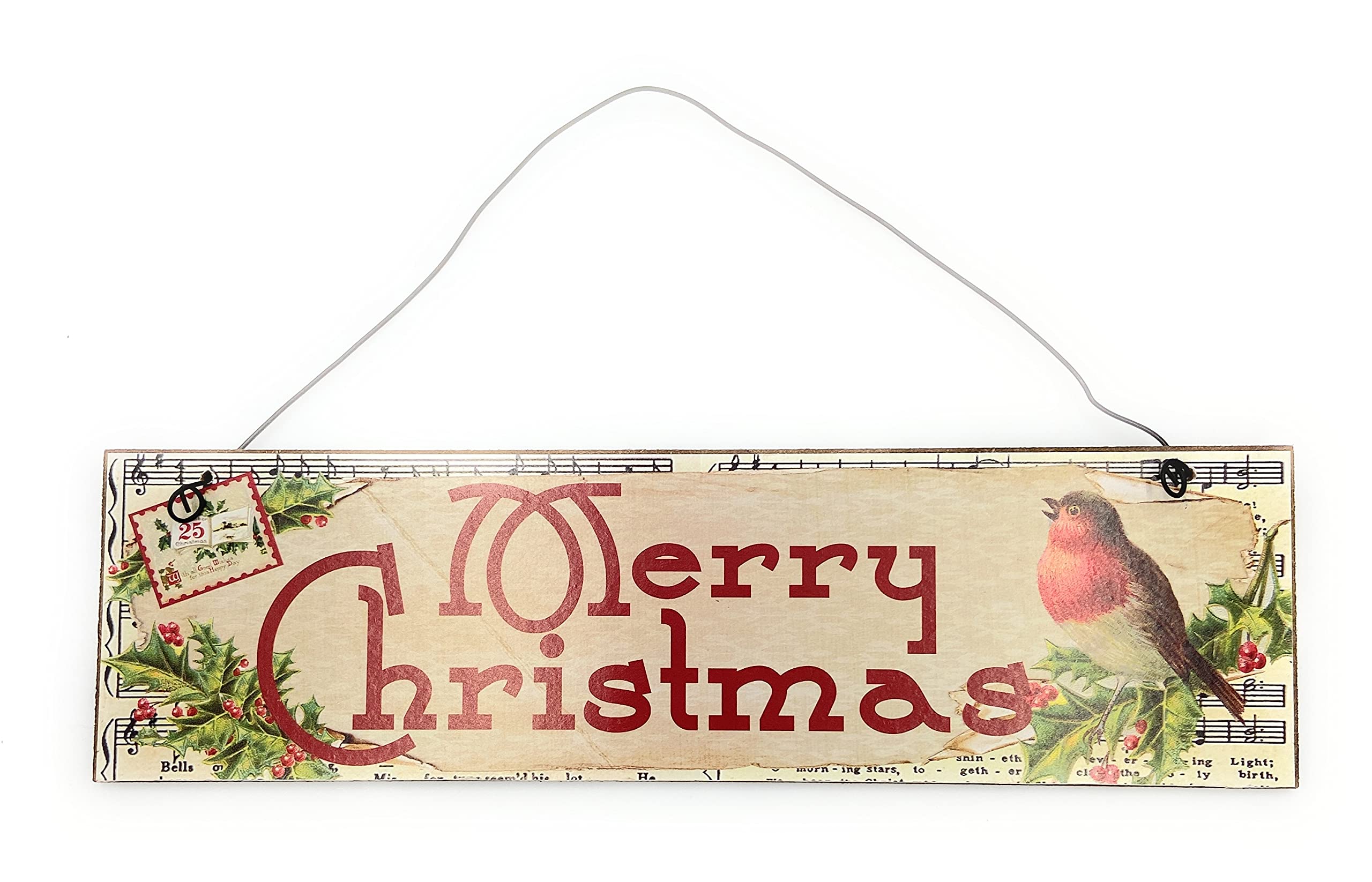 Enchante Wooden 'Merry Christmas' Robin Holly Music Notes Christmas Wire Hung Sign Ornament Decoration Wreath Garland 21 x 6cm