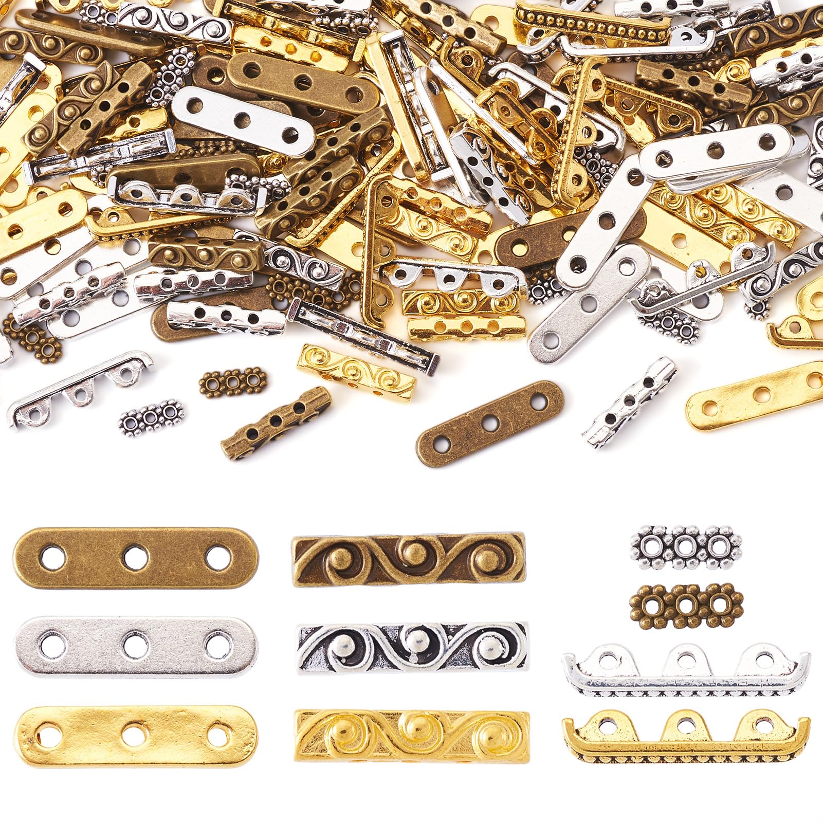 Photo 1 of Pandahall 150Pcs 3-Holes Rectangle Spacer Bar Metal Beads 4 Styles Tibetan Multi Strand Separator Link End Bar Mixed Colors for Jewelry Making