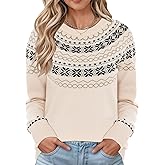 LOMON Womens Casual Lightweight Vintage Fair Isle Sweater Raglan Sleeve Crew Neck Knitted Pullover Comfy Warm Fall Tops